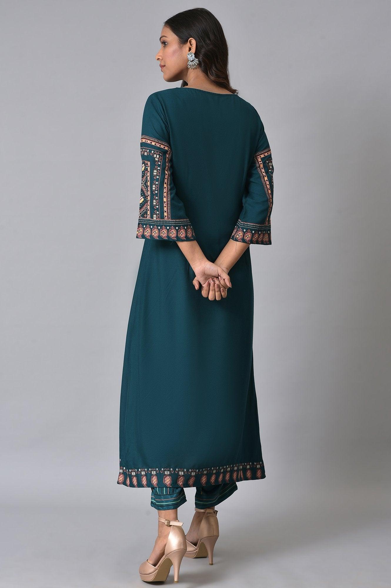 Teal Printed A-Line kurta Set - wforwoman