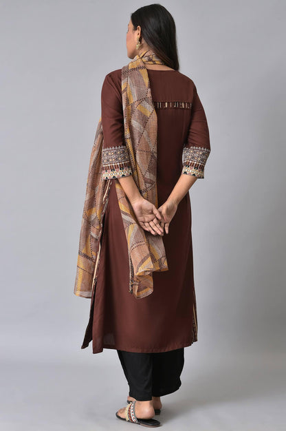 Brown Stripe Print kurta Set - wforwoman