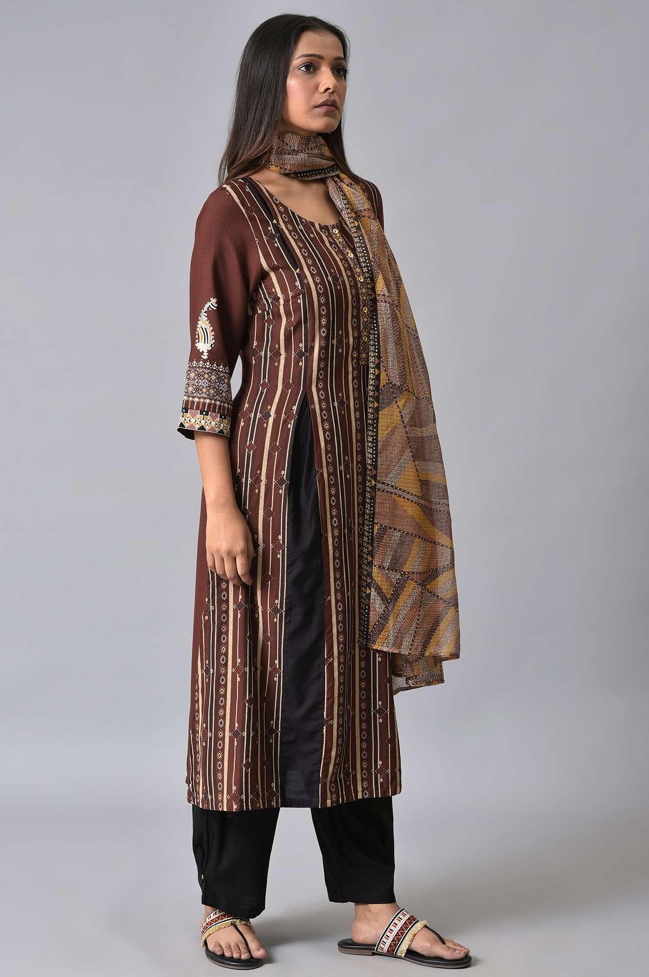 Brown Stripe Print kurta Set - wforwoman