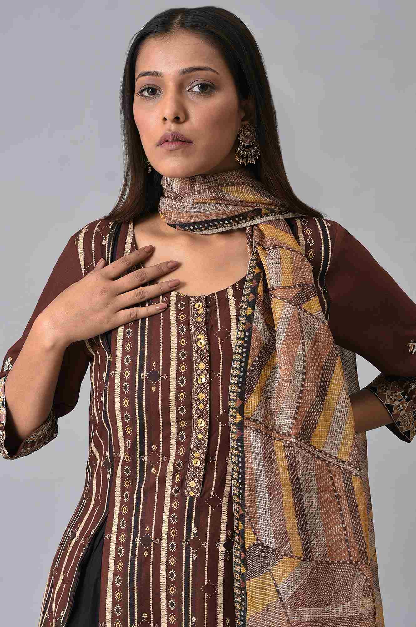 Brown Stripe Print kurta Set - wforwoman