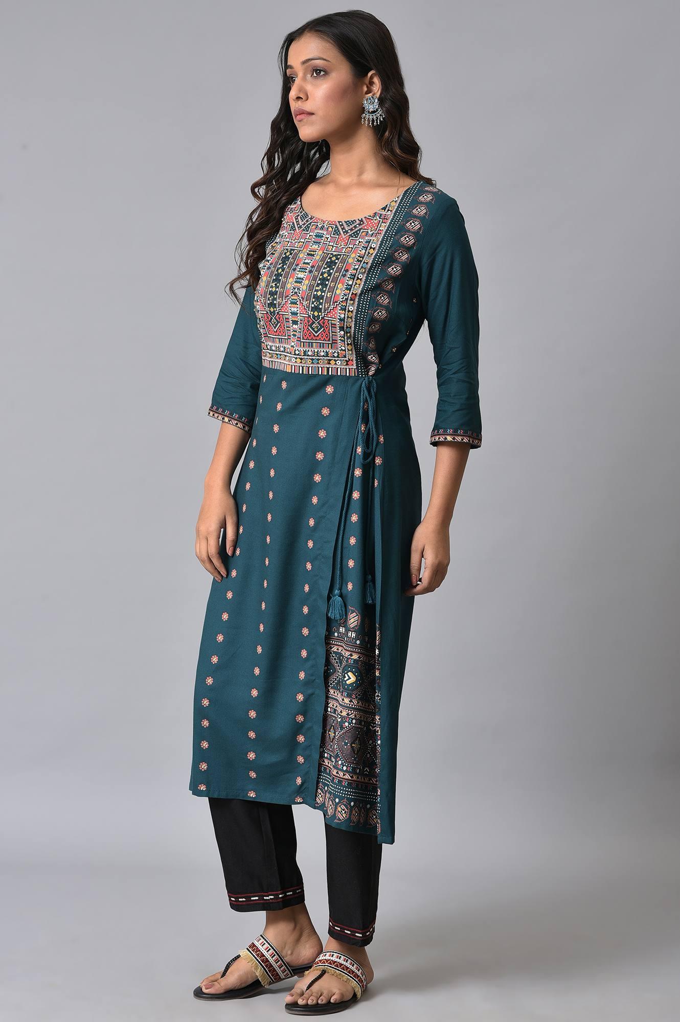 Teal Printed Mock-Layer kurta Set - wforwoman