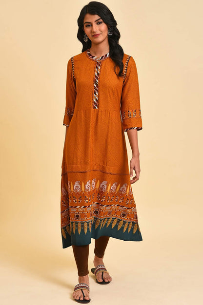 Mustard Printed A-Line Dress Set - wforwoman