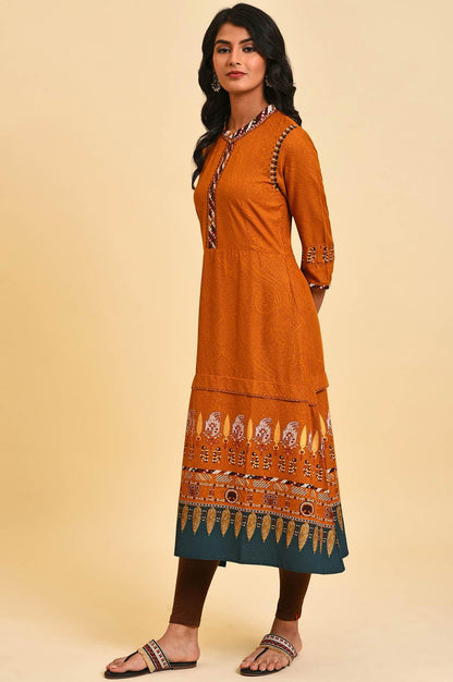 Mustard Printed A-Line Dress Set - wforwoman