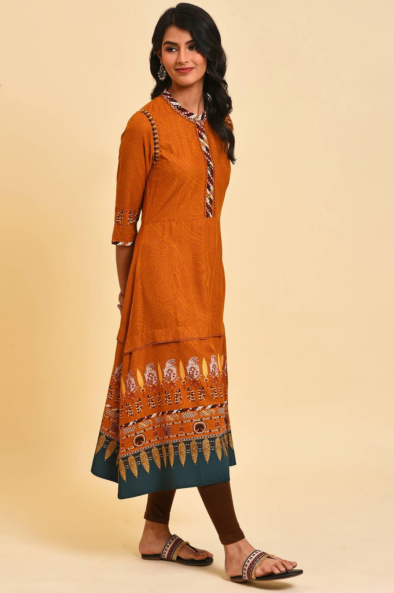 Mustard Printed A-Line Dress Set - wforwoman