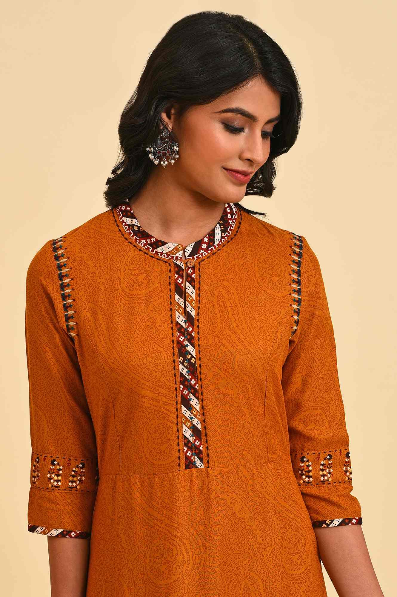 Mustard Printed A-Line Dress Set - wforwoman