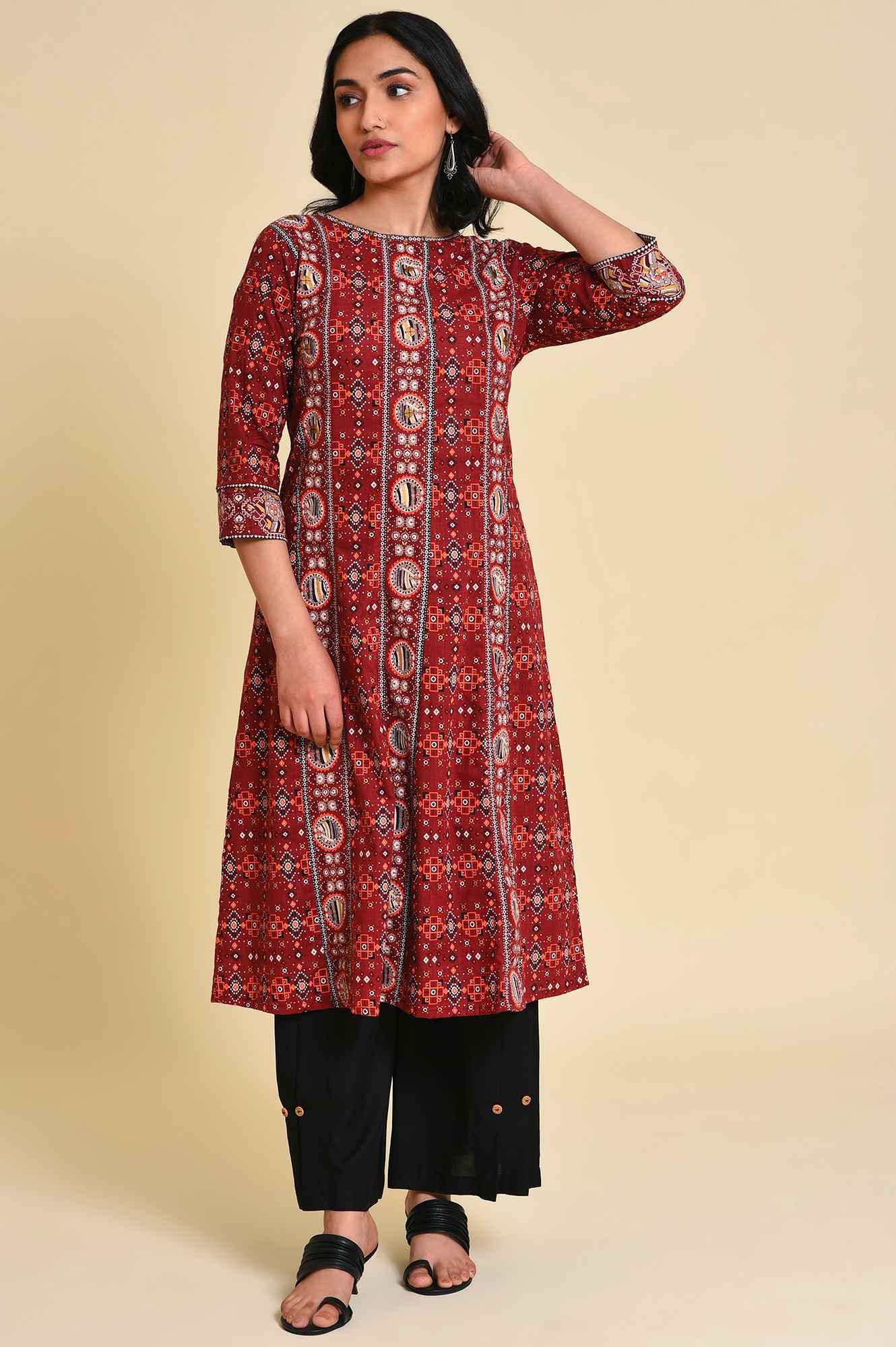 Dark Red A-Line kurta Set - wforwoman