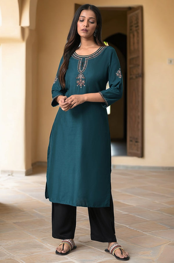 Teal Embroidered kurta Set