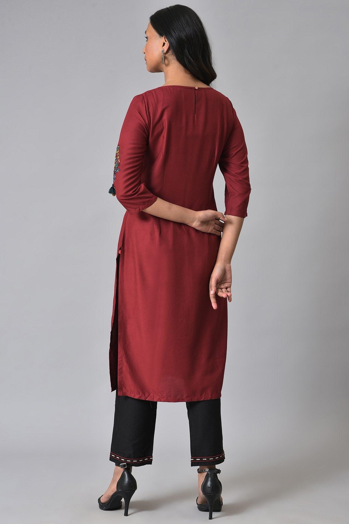 Maroon Round Neck Embroidered kurta Set - wforwoman