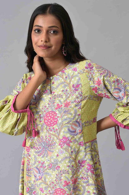 Green Printed Godget Summer Dress With Pink Tights - wforwoman