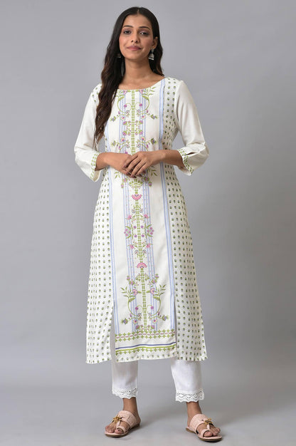 Ecru Placement Print kurta Set - wforwoman