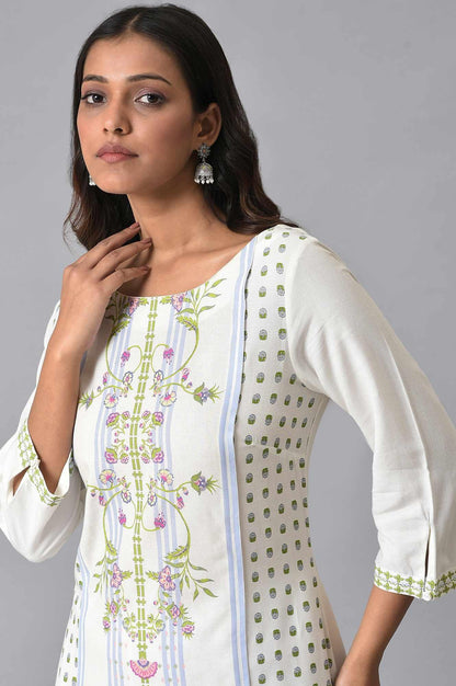 Ecru Placement Print kurta Set - wforwoman