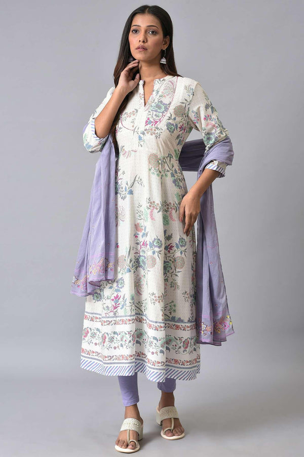 Ecru Floral Printed Flared kurta Set