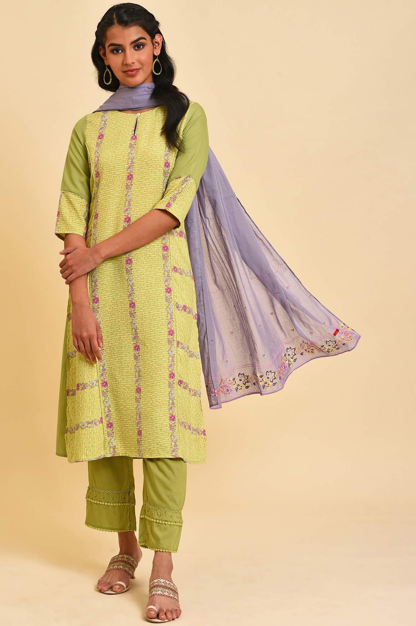 Green Floral Printed kurta Set - wforwoman
