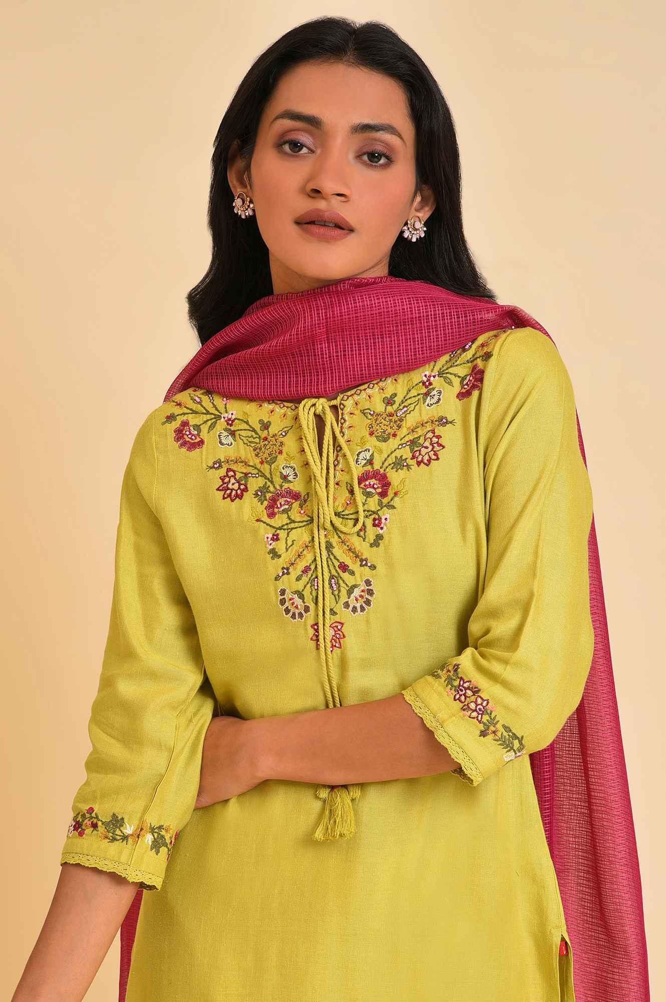 Lime Green Embroidered kurta, Pants And Dupatta Set - wforwoman