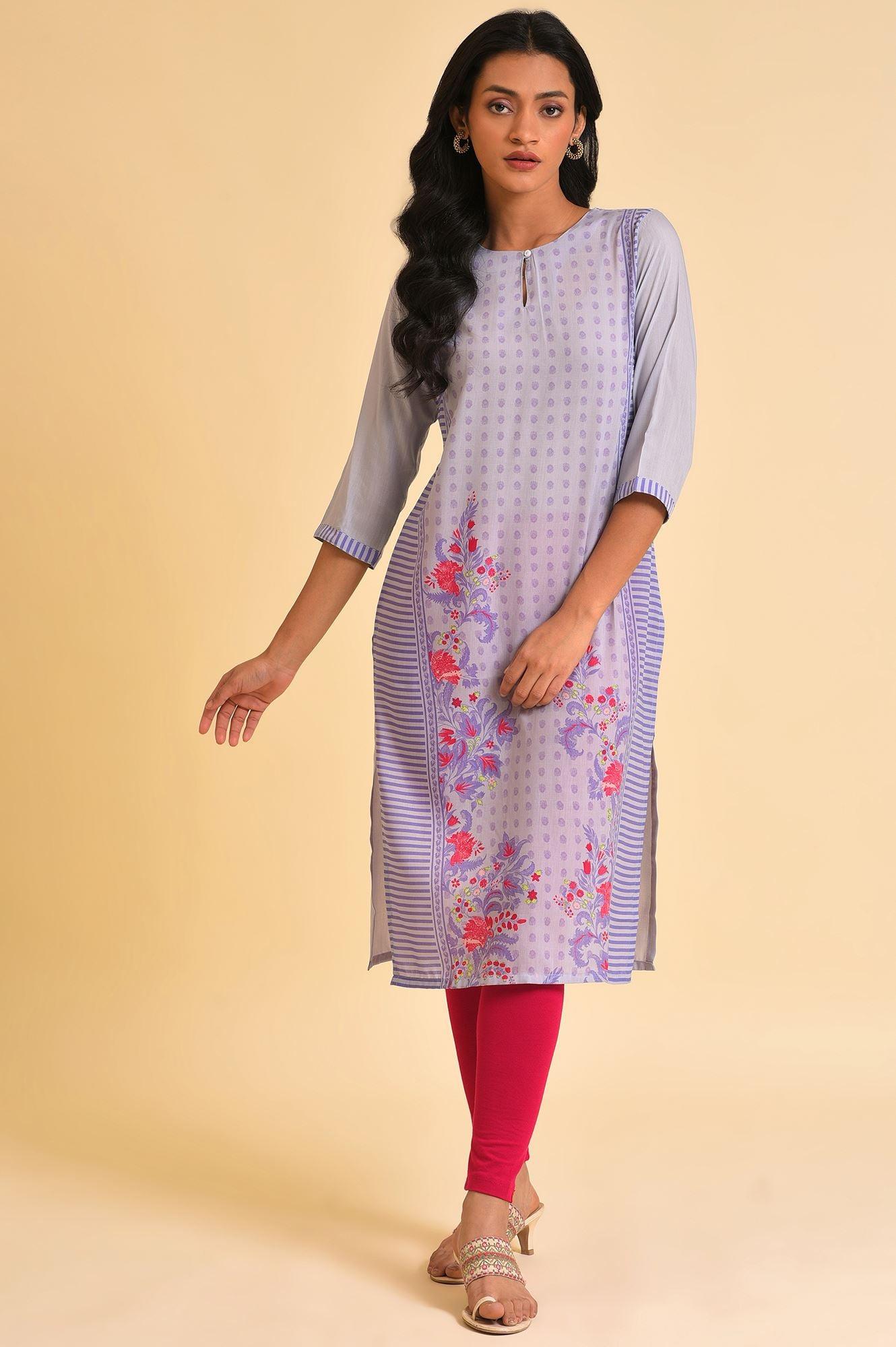 Purple Print Mix kurta &amp; Tights Set - wforwoman