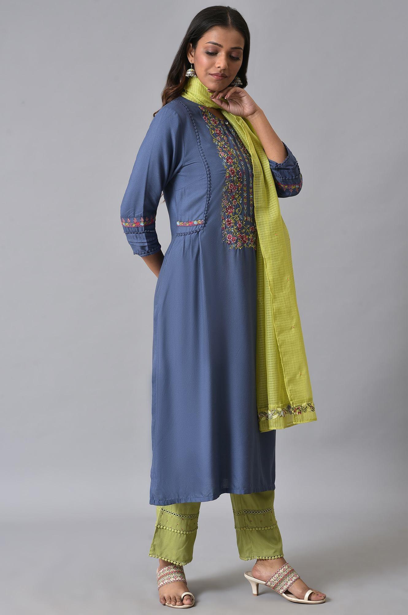 Blue Embroidered Contemporary kurta Set - wforwoman