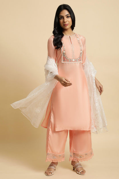 Peach Embroidered Kurta, Pants And Dupatta Set - wforwoman