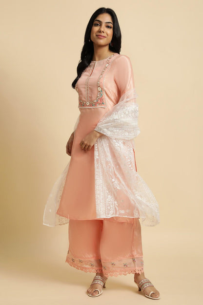 Peach Embroidered Kurta, Pants And Dupatta Set - wforwoman