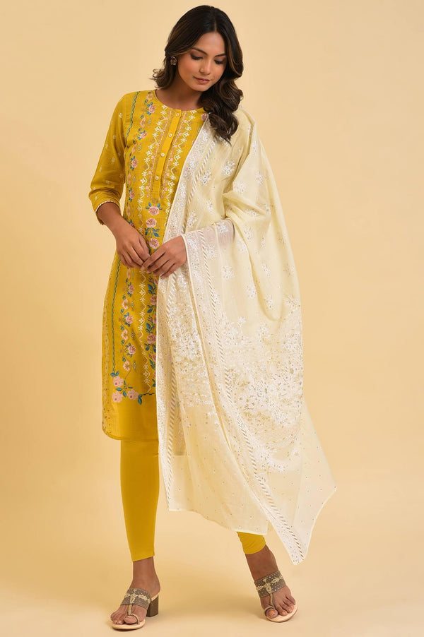 Yellow Printed kurta, Tights & Dupatta Set
