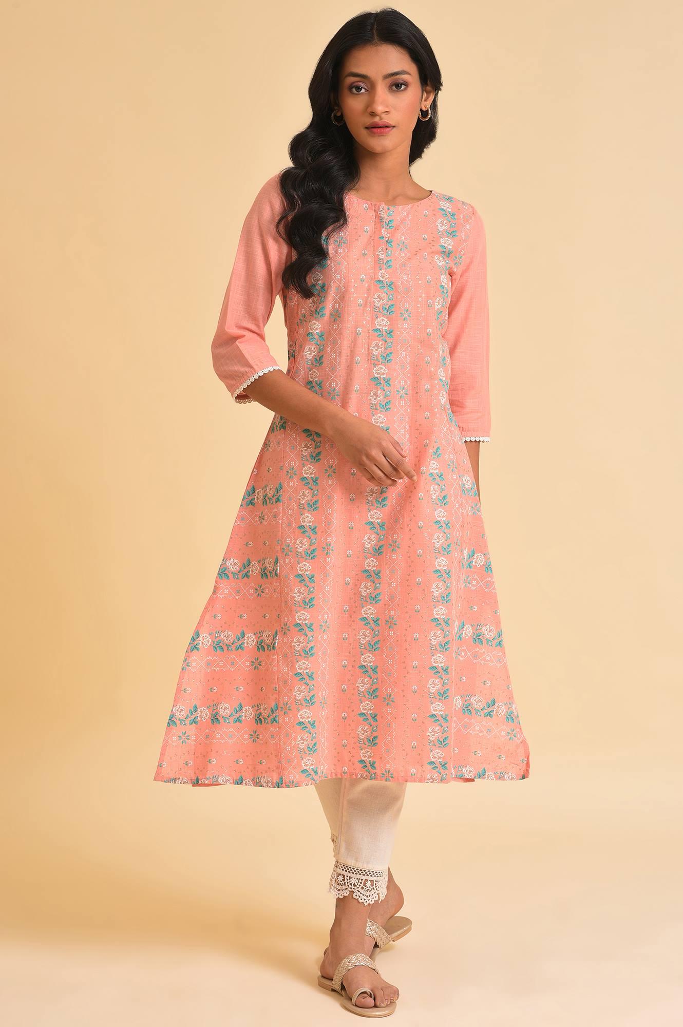 Peach Glitter Printed A-Line kurta &amp; Pants Set - wforwoman