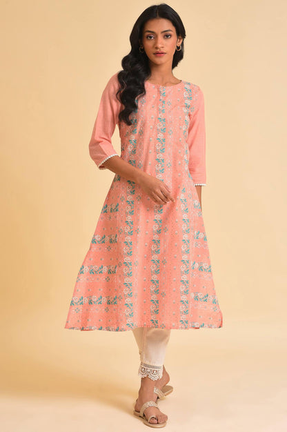 Peach Glitter Printed A-Line kurta &amp; Pants Set - wforwoman