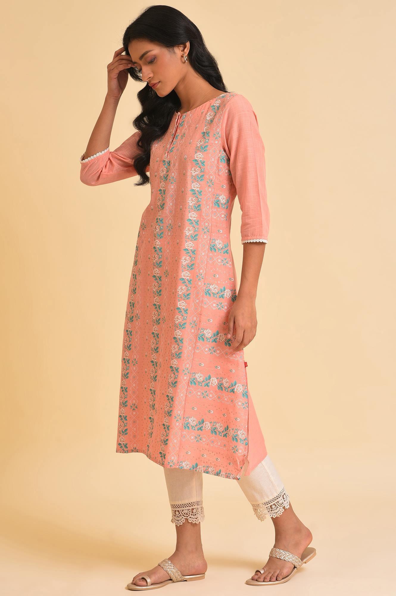 Peach Glitter Printed A-Line kurta &amp; Pants Set - wforwoman