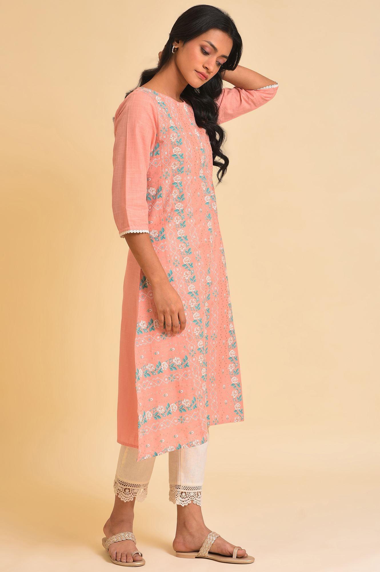 Peach Glitter Printed A-Line kurta &amp; Pants Set - wforwoman