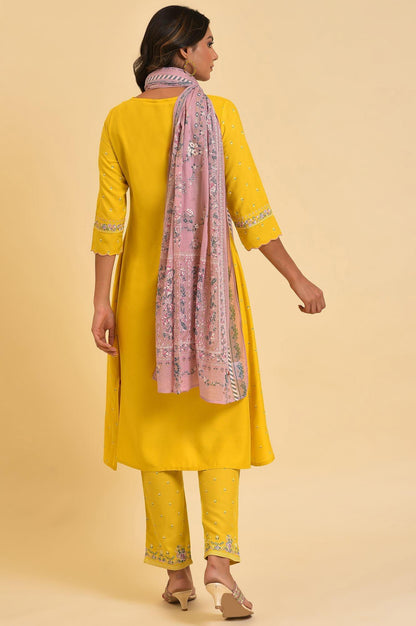Yellow Glitter Printed Festive kurta, Pants &amp; Dupatta Set - wforwoman