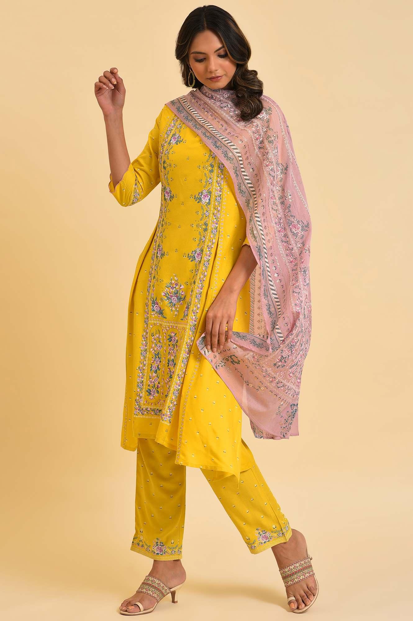 Yellow Glitter Printed Festive kurta, Pants &amp; Dupatta Set - wforwoman