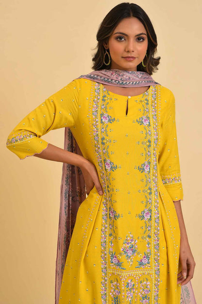 Yellow Glitter Printed Festive kurta, Pants &amp; Dupatta Set - wforwoman