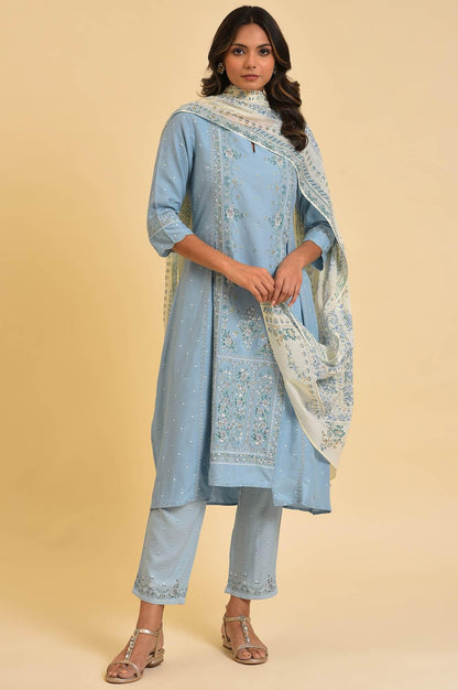 Blue Embellished kurta, Pants &amp; Dupatta Set - wforwoman