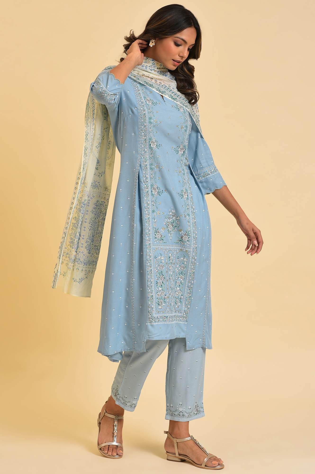 Blue Embellished kurta, Pants &amp; Dupatta Set - wforwoman