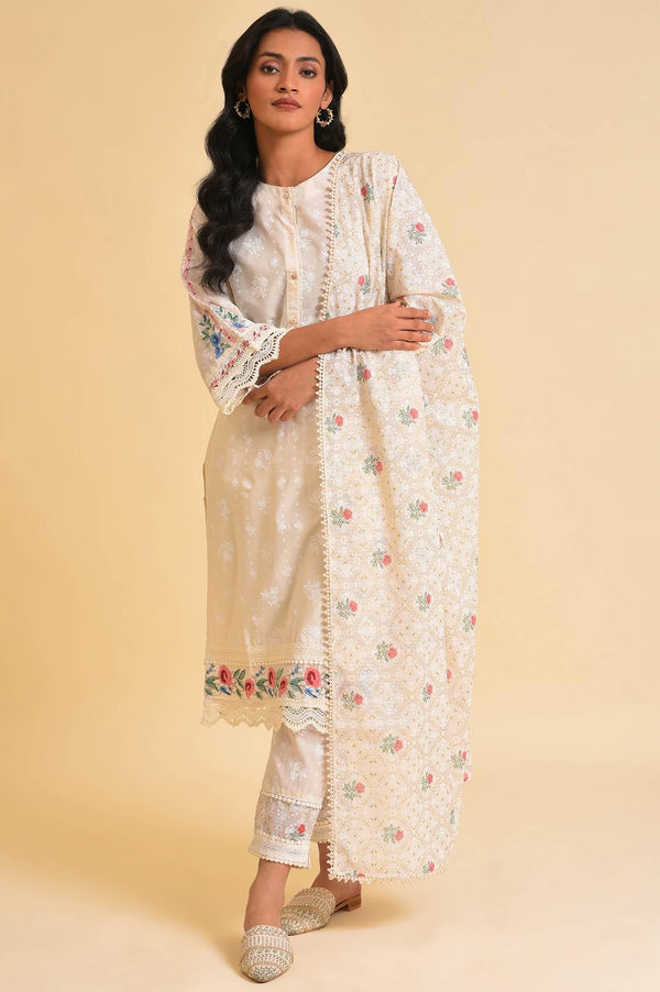 Plus Size Ecru Printed Festive kurta, Pants & Dupatta Set