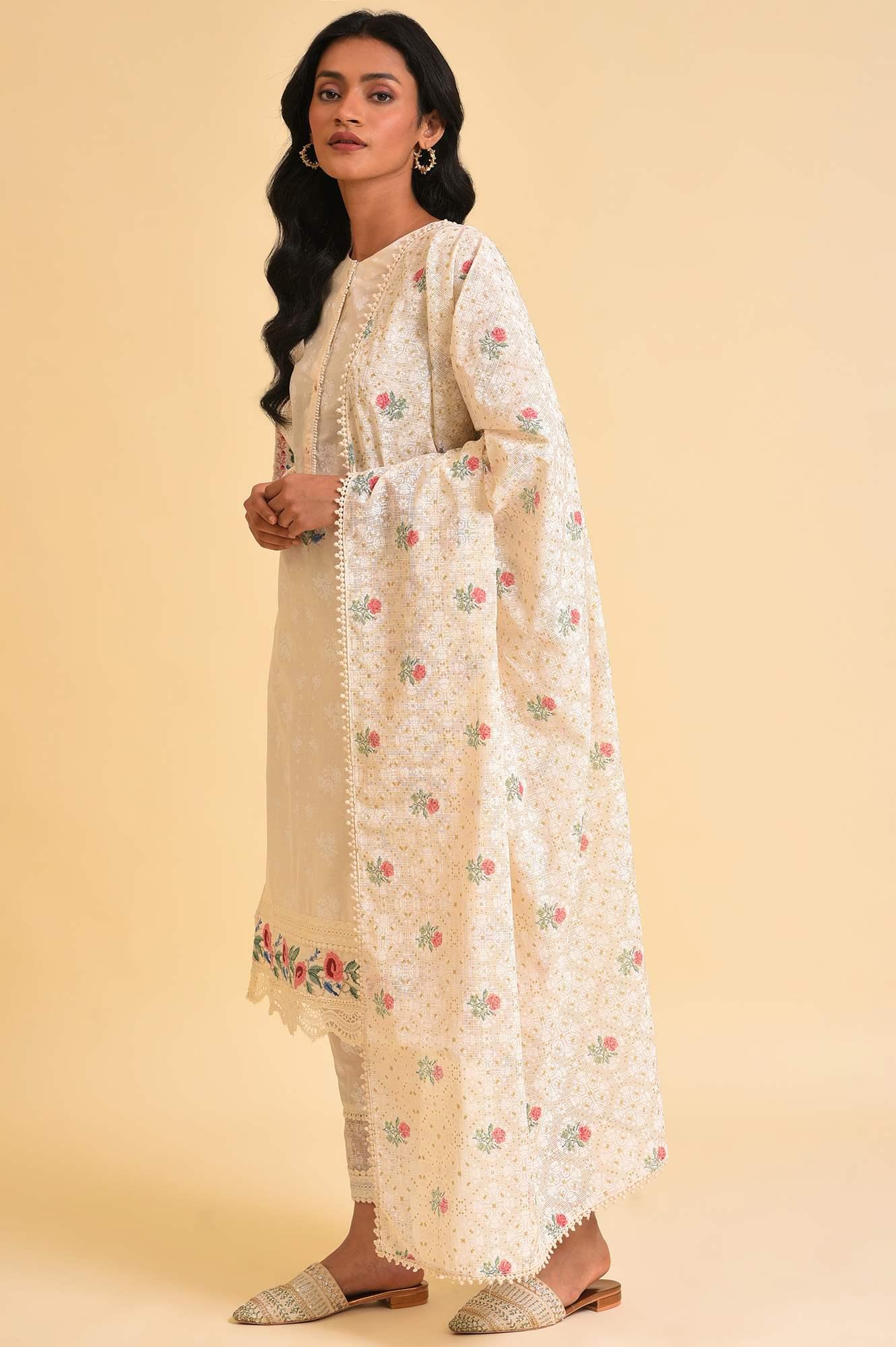 Ecru Printed Festive kurta, Pants &amp; Dupatta Set - wforwoman
