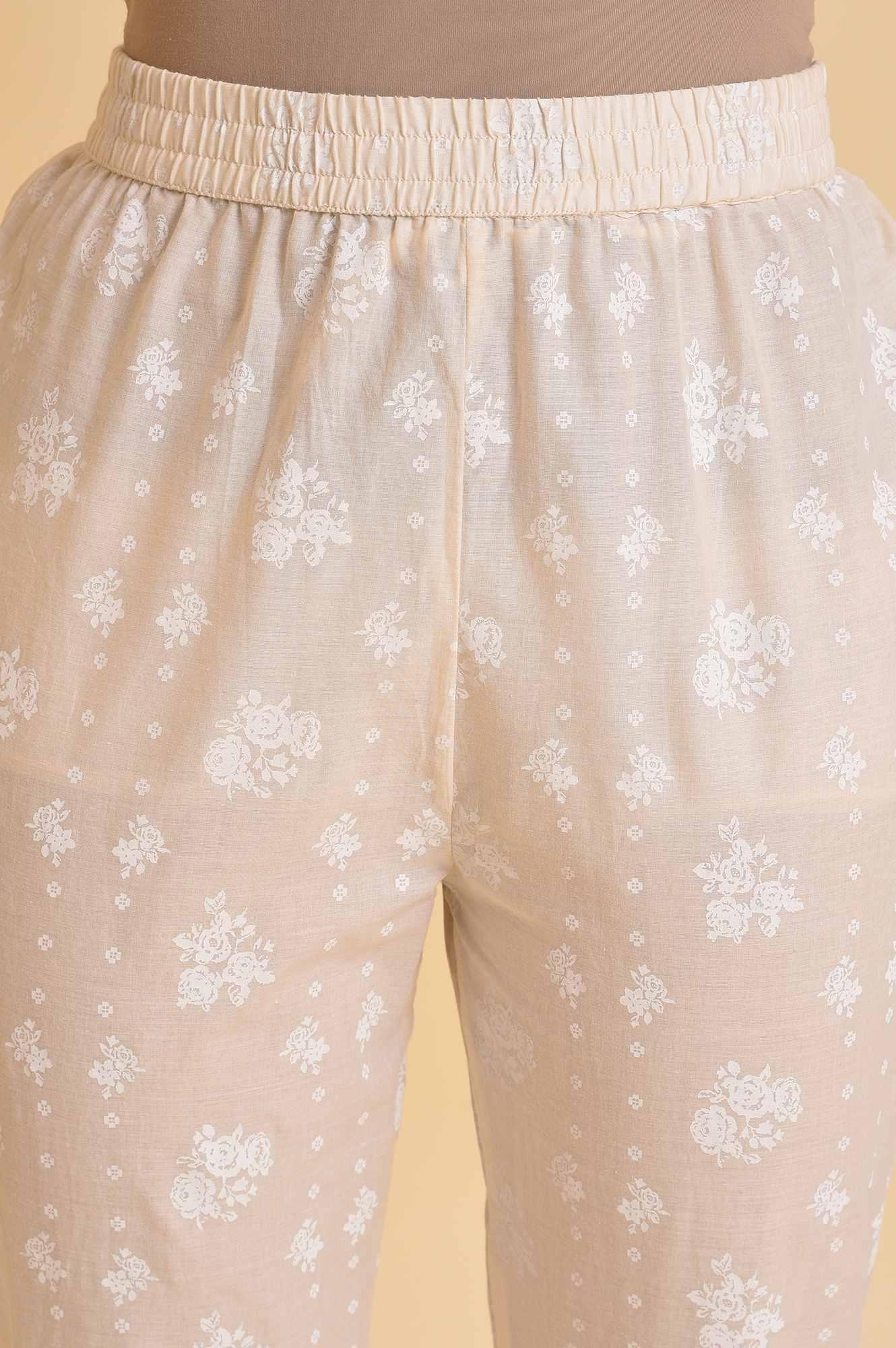 Ecru Printed Festive kurta, Pants &amp; Dupatta Set - wforwoman