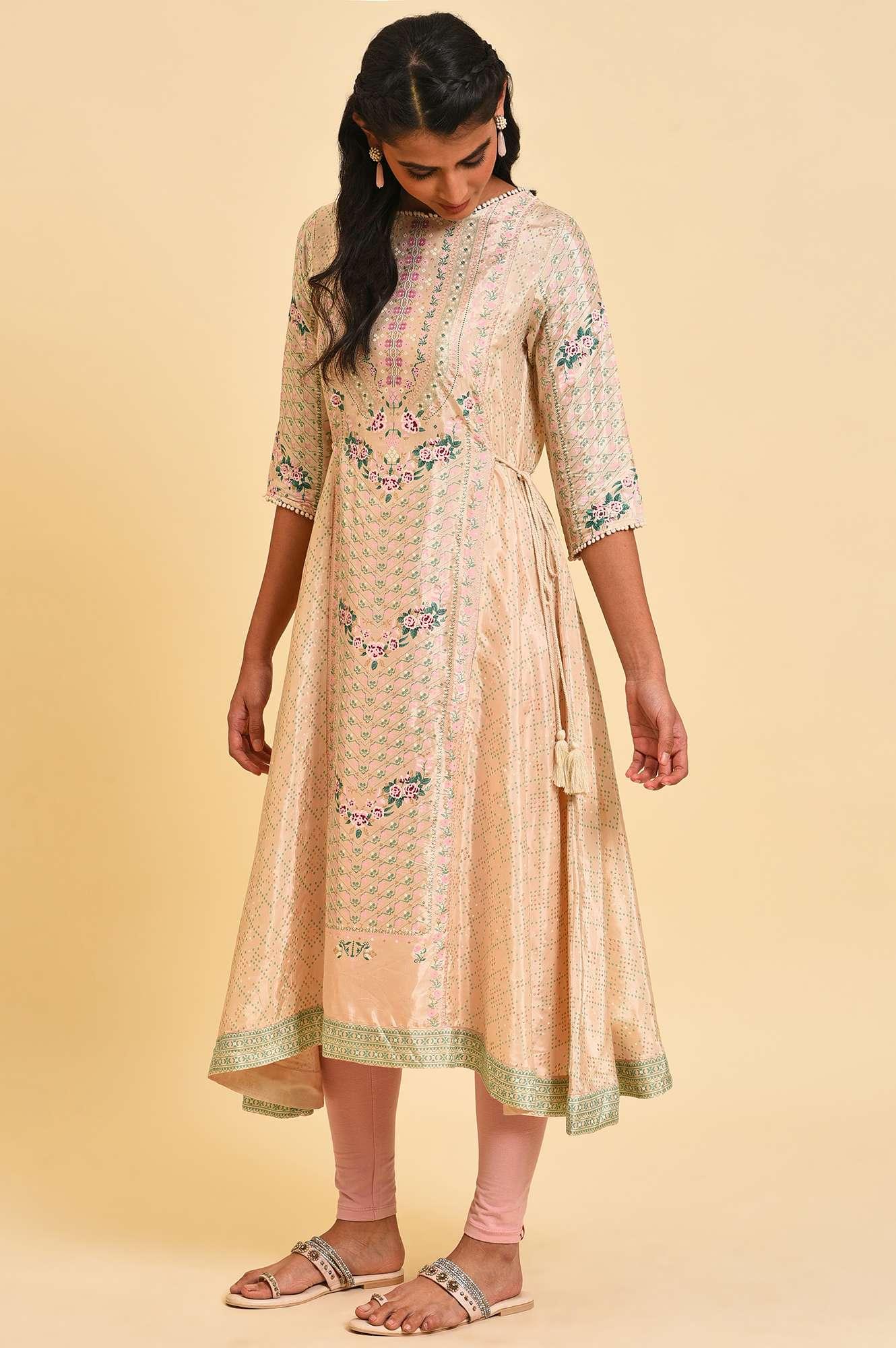 Beige Festive Asymmetric kurta Set - wforwoman
