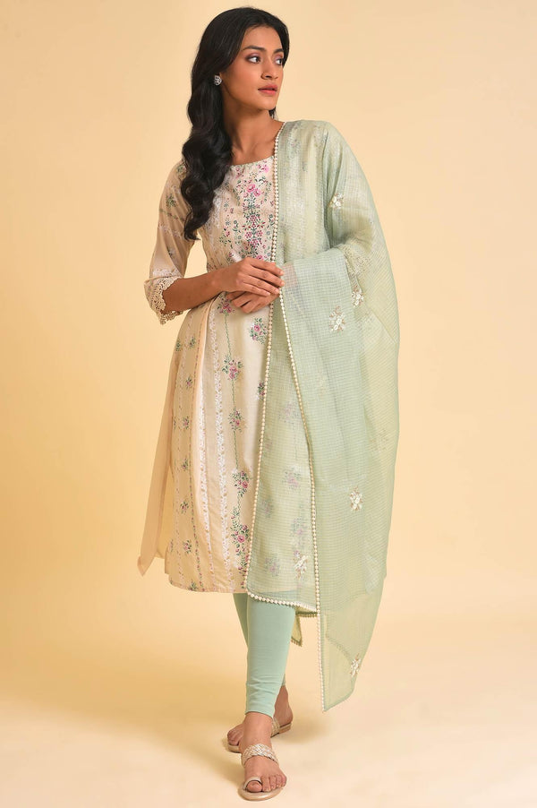 Beige Floral Print kurta, Tights & Dupatta Set