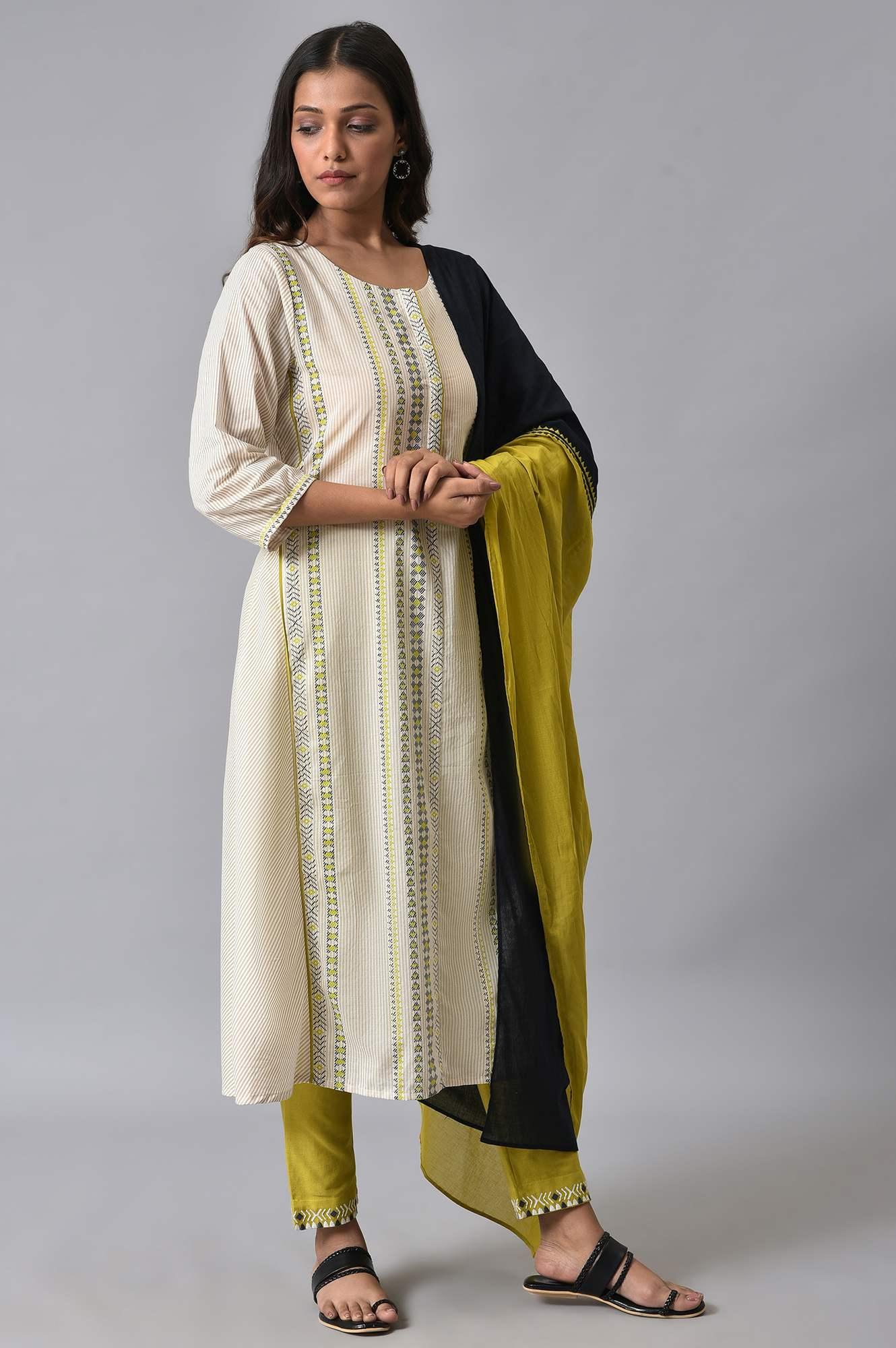 Ecru Prined kurta Set - wforwoman
