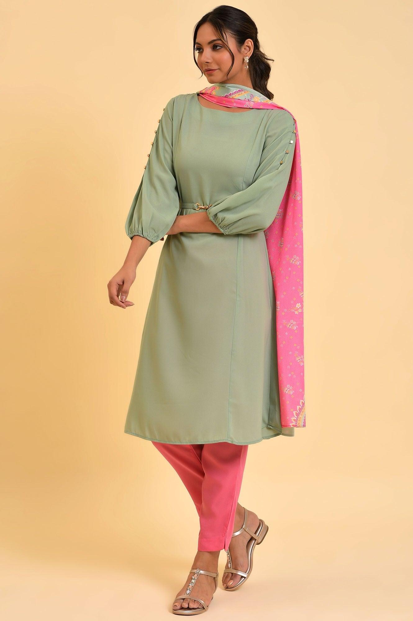 Green A-Line kurta, Slim Pants &amp; Dupatta Set - wforwoman