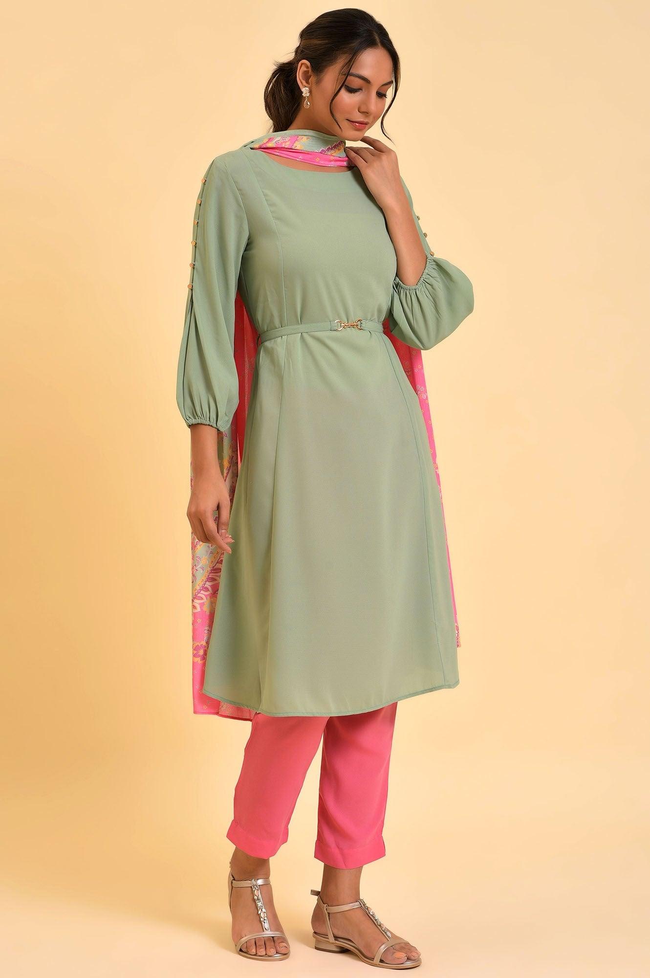 Green A-Line kurta, Slim Pants &amp; Dupatta Set - wforwoman