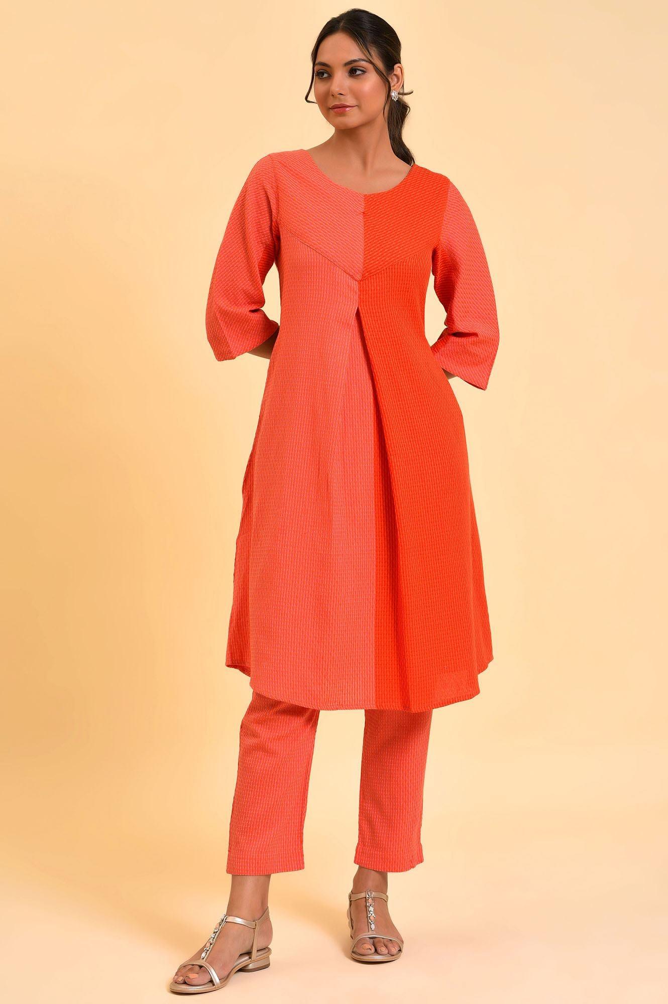 Red Dual Tone Cotton kurta &amp; Slim Pants Co-Ord Set - wforwoman