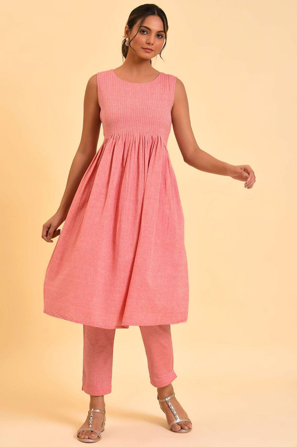 Red Cotton Pleated Sleeveless kurta & Pants Co-Ord Set