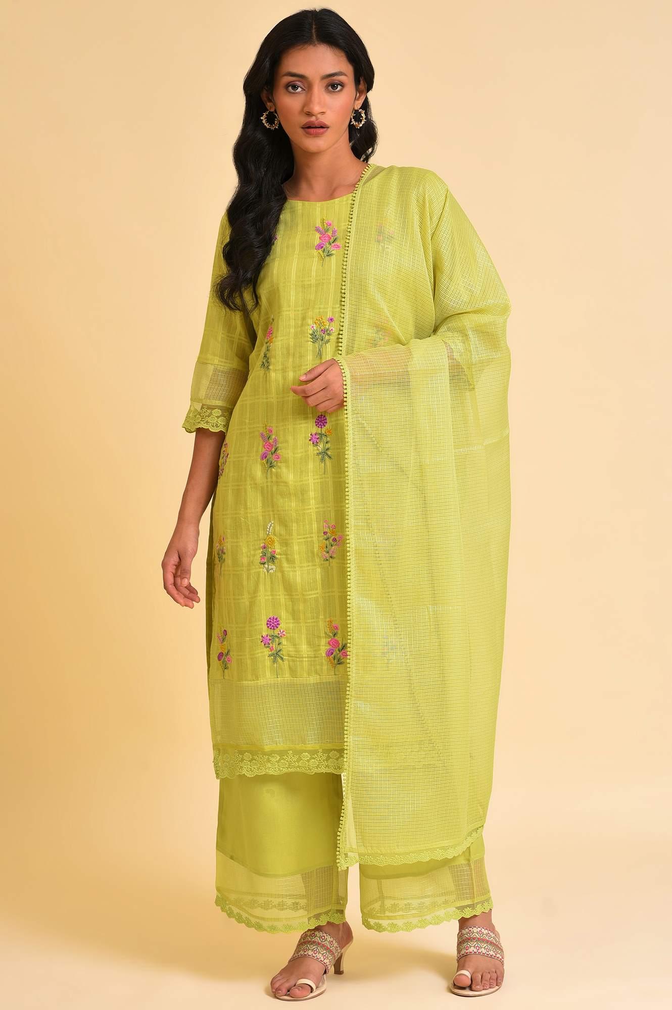 Light Green Textured Cotton Embroidered kurta, Parallel Pants &amp; Dupatta Set - wforwoman