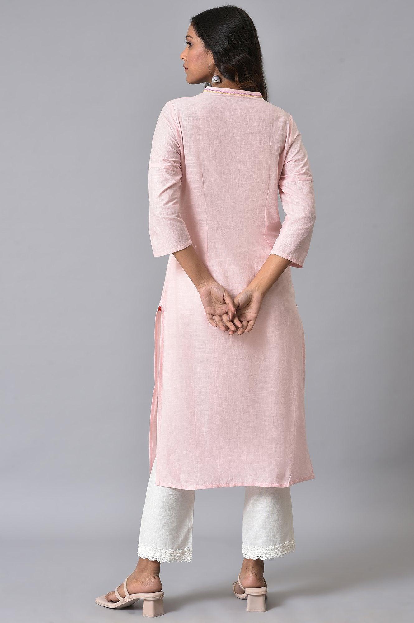 Light Pink Mandarin Collar Embroidered kurta Set - wforwoman