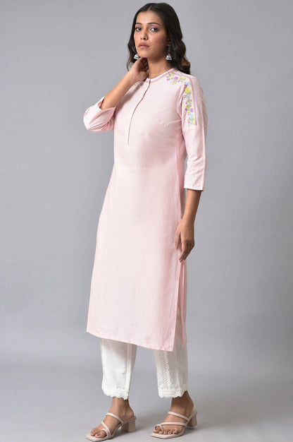 Light Pink Mandarin Collar Embroidered kurta Set - wforwoman