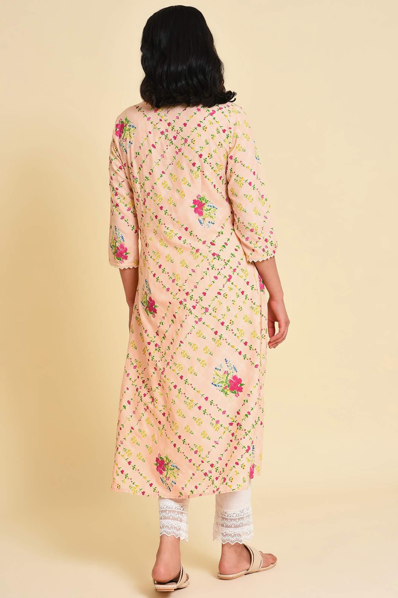 Light Orange Floral Print kurta Set - wforwoman
