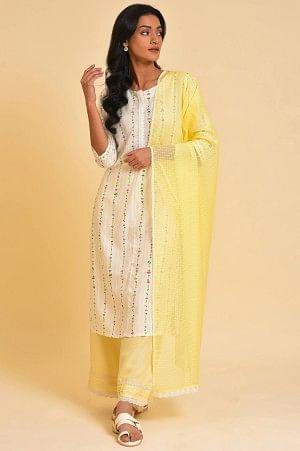 White Printed Straight Kurta, Parallel Pants And Dupatta Set