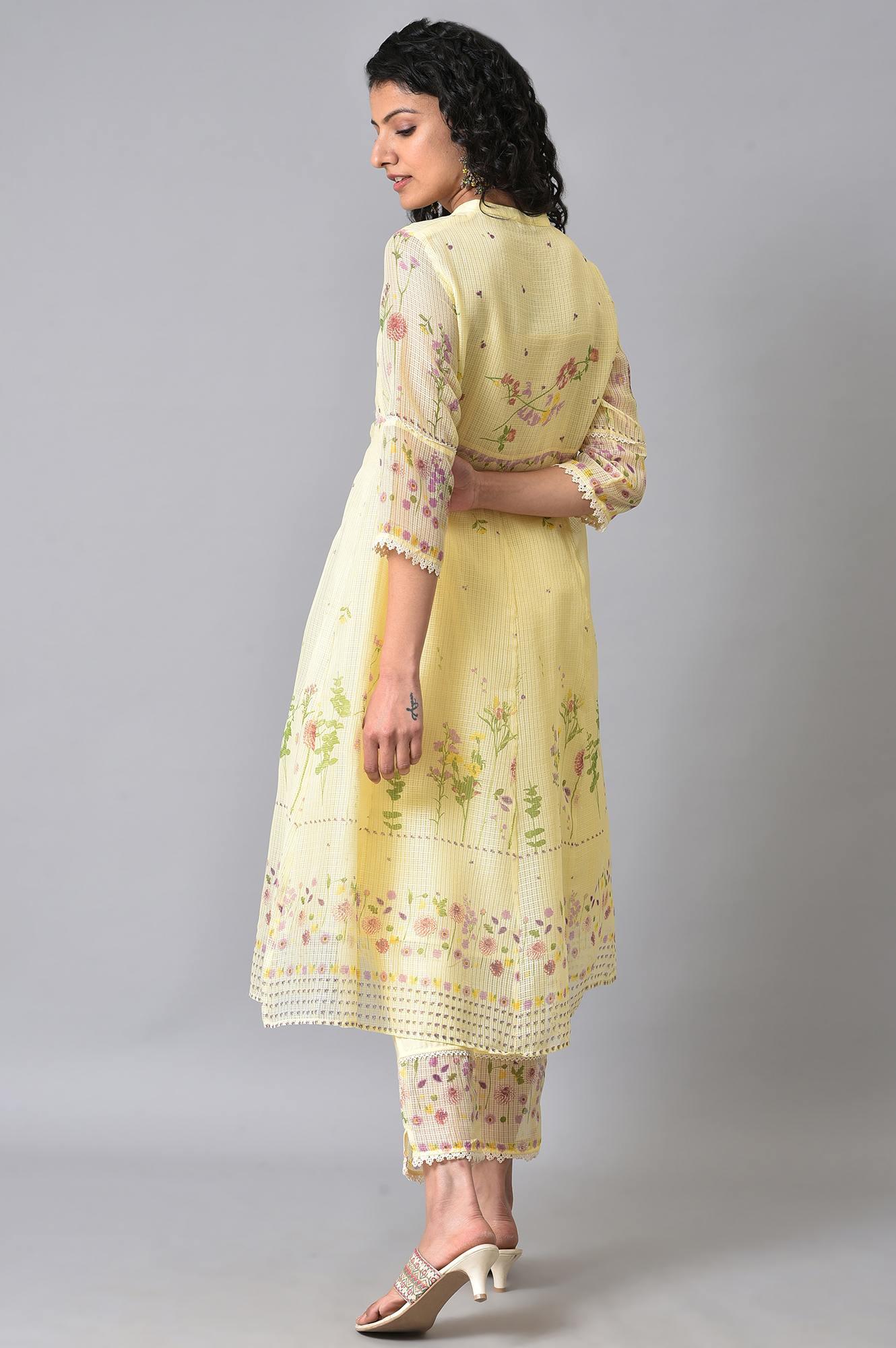 Light Yellow Printed Kota kurta Set - wforwoman