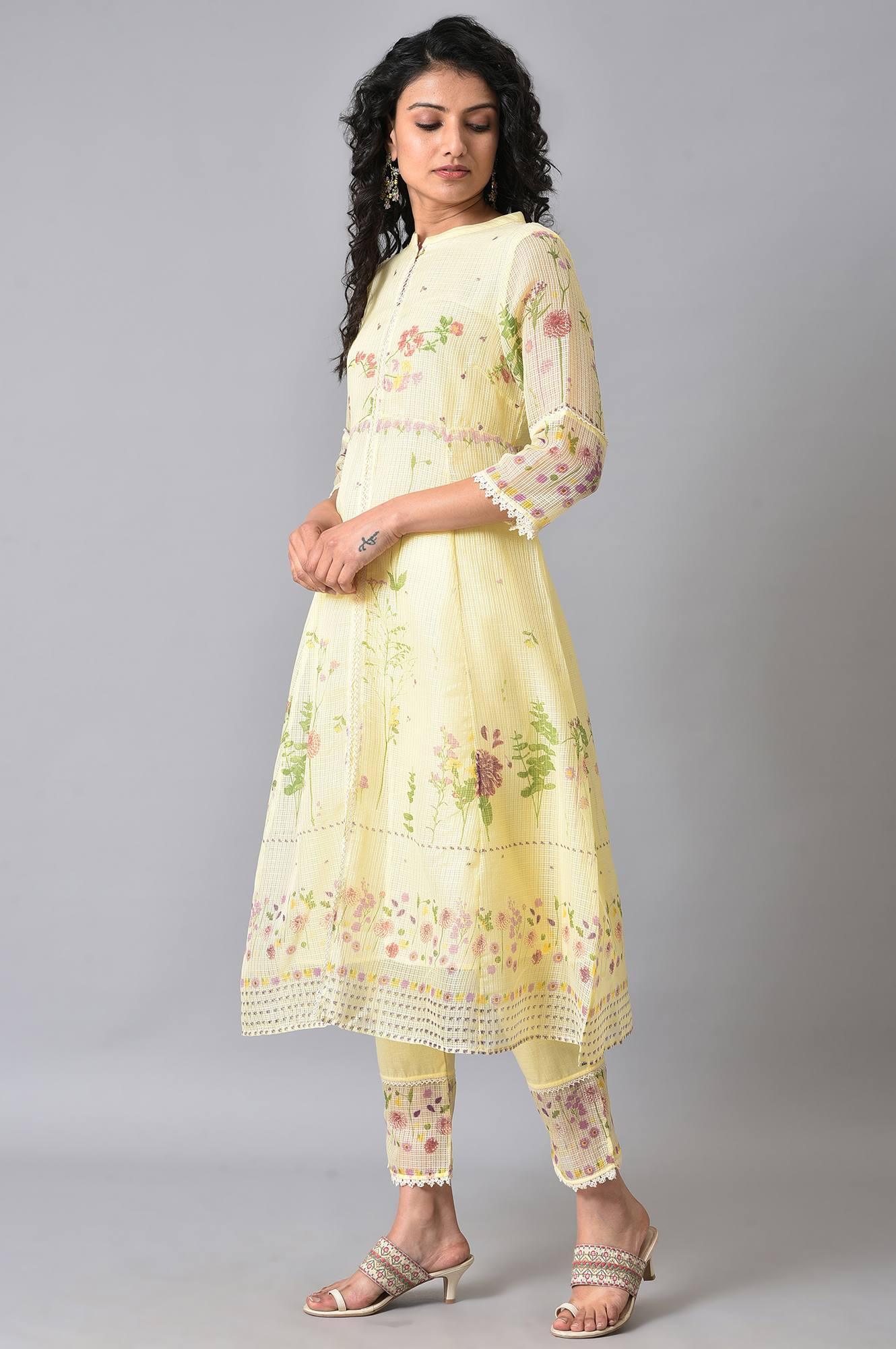 Light Yellow Printed Kota kurta Set - wforwoman