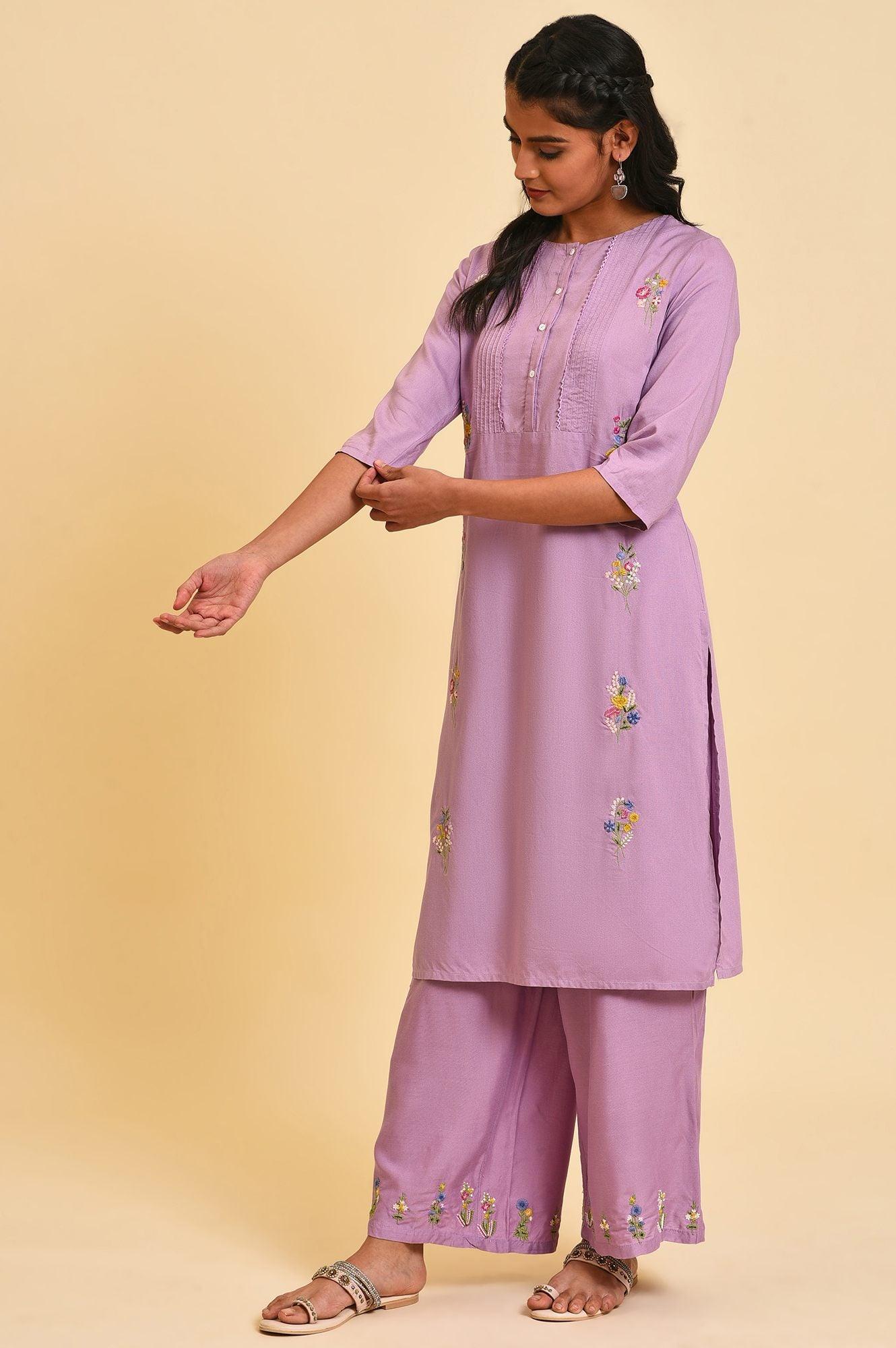 Ligh Purple Embroidered kurta Set - wforwoman